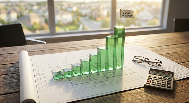 Graphical representation of financial growth with green bars labeled "FULLY FUNDED" on a blueprint, illustrating reserve study updates for community associations.