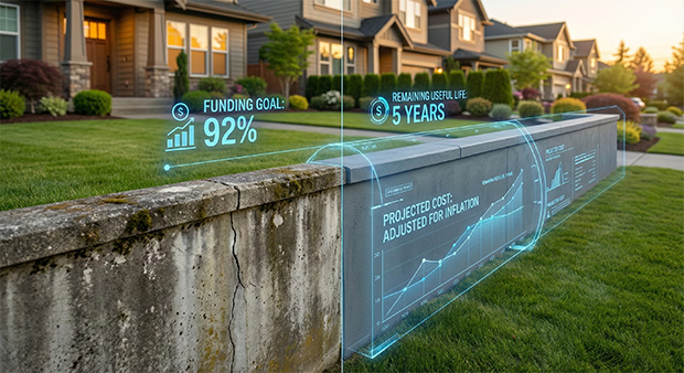 Visual representation of a residential community with a focus on a concrete wall displaying projected costs, funding goals of 92%, and a remaining useful life of 5 years, emphasizing financial planning for community associations in reserve studies.