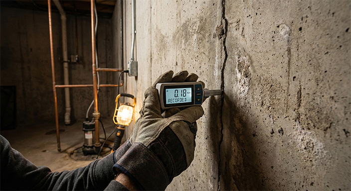 Person measuring a crack in concrete wall with digital gauge in a basement, illustrating structural engineering evaluation process.