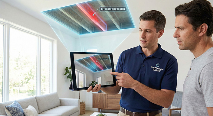 Structural engineer presenting evaluation findings on a tablet, highlighting deflection detected in ceiling beams, in a residential setting; relevant for homeowners assessing structural integrity.
