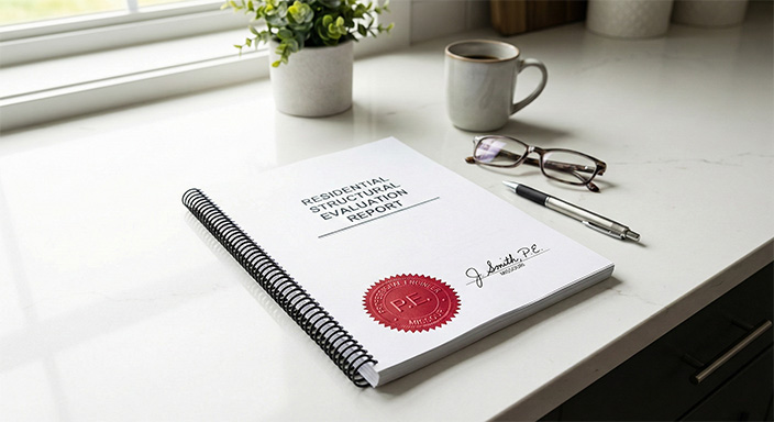 Residential structural evaluation report on a desk with a coffee cup, glasses, and a pen, emphasizing engineering documentation for home safety and integrity assessments.