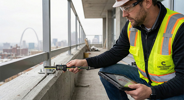 Engineer measuring construction component with caliper on balcony, Criterium-Hardy branded vest, city skyline in background, relevant to transition studies and structural evaluations.